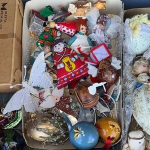 Assorted Holiday Ornaments and Fabric Dolls - vintage